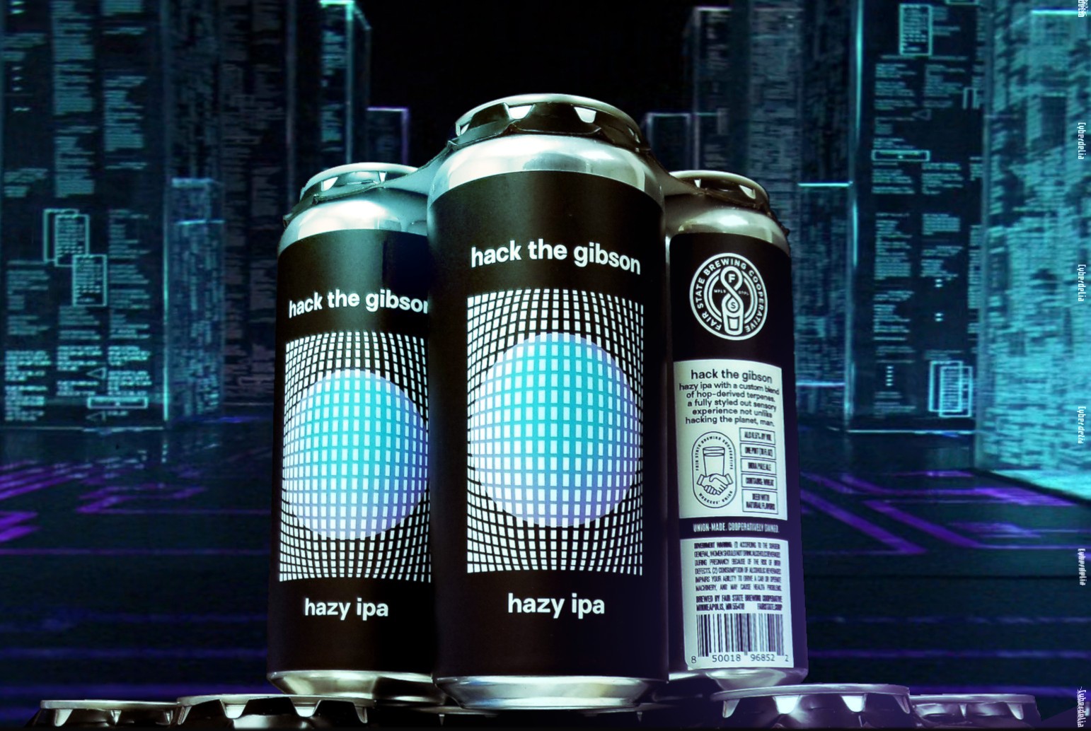 Fair State Brewing Cooperative's Hack The Gibson Hazy IPA craft beer. Three cans standing together showing the black label with teal and purple globe graphics and in the background the 3d glass towers server filesystem representation of the Gibson supercomputer seen in Hackers (1995).