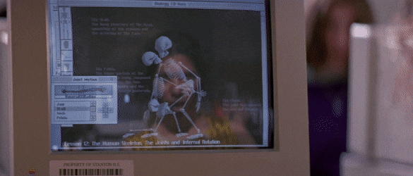 Animated GIF scene from Hackers in a high school computer class Phantom Phreak animates a pair of 3D skeletons gyrating on one another suggestively then he turns around and sees Dade Murphy intensely hacking away at another computer station and is intrigued.