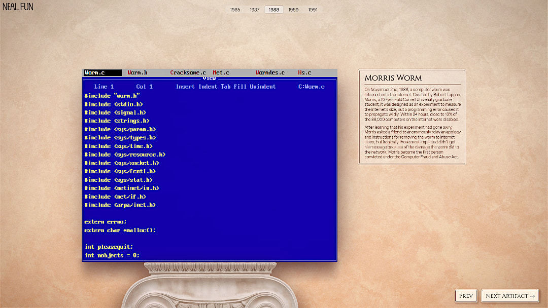 Screenshot of a web page from the Internet Artifacts Museum showing a blue and yellow DOS-style text editor screen mounted on a marble stand with marble background as in a museum. The editor screen as various C programming source codes for the Morris Worm. The year highlighted at the top of the interface for the website is 1988. Top corner says NEAL.FUN.