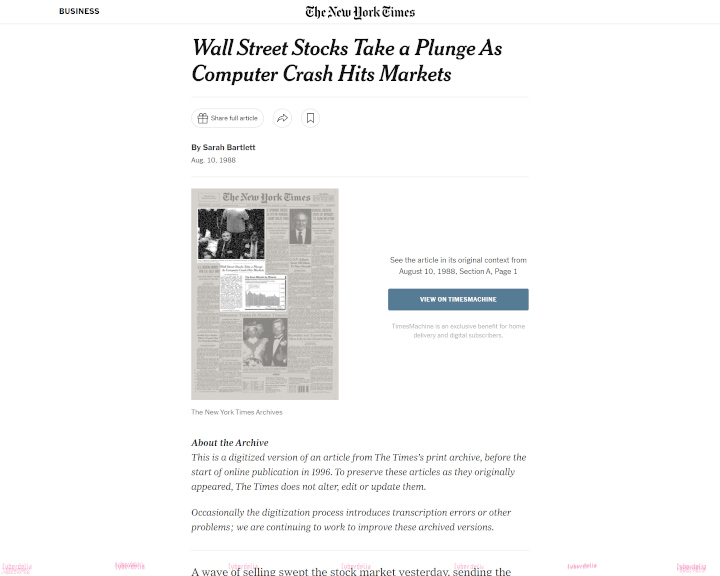 Screenshot of New York Times archives webpage from Wednesday, August 10, 1988. Headline: 'Wall Street Stocks Take a Plunge As Computer Crash Hits Markets'