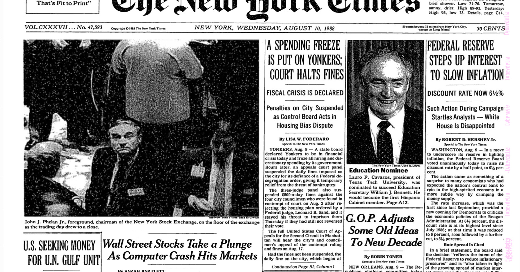 Front Page, New York Times, August 10th 1988