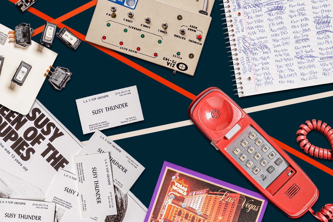 Collage header image of article by Claire L. Evans for The Verge 'Searching for Susy Thunder' depicting things like a phone handset, some kind of tone/pulse link box, a notepad with dialup numbers written on it, Vegas postcard