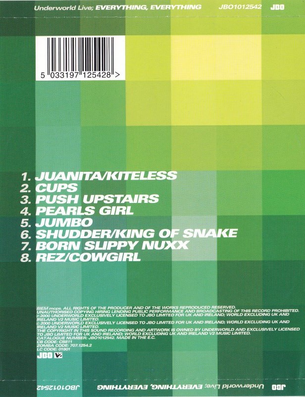 Album back insert graphics of Underworld live Everything, Everything CD (2000) with tracklist in bold font and large pixelated like square grid pattern of green shades. Design by Tomato.